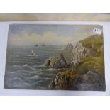 19TH CENTURY OIL ON CANVAS UNFRAMED, ENTITLED LANDS END SJ JOHNSON TO THE BACK AND MONGRAMMED SJ