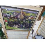 A 20TH CENTURY OIL ON CANVAS DEPICTING VILLAGE MAIDS ON A GREEN 65CM X 54CM AND SIGNED COMOR