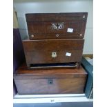 THREE EARLY 20TH CENTURY WOODEN BOXES OF VARYING SIZES, SOME WITH INLAID DETAILING, ALL AF