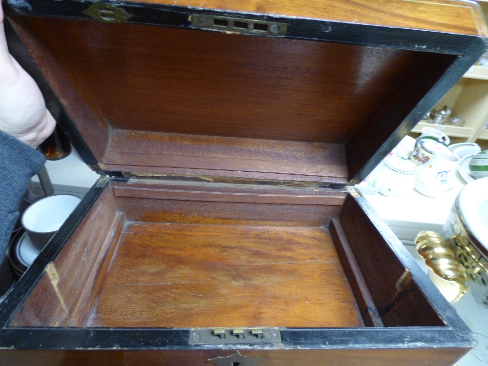 A LATE VICTORIAN WOODEN BOX, BRASS PLAQUE ON LID INSCRIBED DECEMBER 1883, TOGETHER WITH A LATER - Image 2 of 6