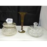 TWO CUT GLASS LIDDED DISHES, ONE WITH HALLMARKED SILVER RIM, LARGEST 13.5CM WIDE, TOGETHER WITH A