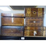 FIVE 19TH CENTURY WOODEN BOXES, EACH WITH INLAID MARQUETRY DECORATION (ALL AF)