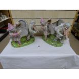 A PAIR OF CERAMIC MEISSEN STYLE FIGURAL GROUPS DEPICTING MUSICAL CLOWNS, 31CM