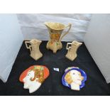 FIVE PIECES OF ART DECO CHINA INCLUDING THREE VASES AND TWO FACE WALL MASKS, MORLAND / DELCROFT