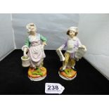 PAIR OF DRESDEN FIGURES AUGUSTUS REX 19TH CENTURY CERAMIC FIGURES OF A MALE AND FEMALE, LARGEST 14.