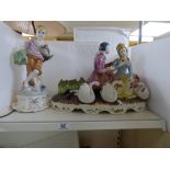 A LARGE FIGURAL CERAMIC GROUP BY CAPO DI MONTE AND A CHINA FIGURAL LIGHT