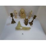 THREE PLASTER FIGURES, TWO BRASS CANDLESTICKS AND A METAL FOOT LAST