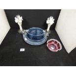 A PAIR OF UNUSUAL WHITE GLASS CANDLESTICKS, A CRANBERRY GLASS DISH AND THREE CERAMIC DISHES MARKED