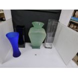 FOUR LARGE GLASS VASES, TWO OF RECTANGULAR FORM, LARGEST 40CM HIGH