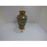 AN ORIENTAL CHAMPLEVE ENAMEL BRONZE VASE WITH EGYPTIAN STYLE DECORATION THROUGHOUT, 22CM HIGH