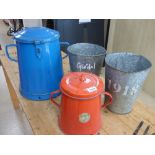 TWO 20TH CENTURY ENAMEL KITCHEN STORAGE CONTAINERS AND TWO GALVANIZED METAL BINS OF CONICAL FORM