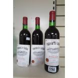 THREE BOTTLES OF CHATEAU LE CAILLOU GRAND VIN POMEROL 1974 WINE