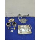COLLECTION OF SILVER PLATED ITEMS INCLUDING THREE SCONCE CANDLESTICK, UNUSUAL DUAL BUTTER DISH TOAST