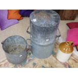 THREE GALVANIZED METAL COOKING POTS WITH TWIN HANDLES, 28CM HIGH 29CM DIAMETER