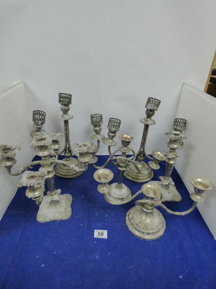 SIX SILVER PLATED CANDLESTICKS AND CANDELABRA, HIGHEST 34CM HIGH