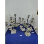 SIX SILVER PLATED CANDLESTICKS AND CANDELABRA, HIGHEST 34CM HIGH