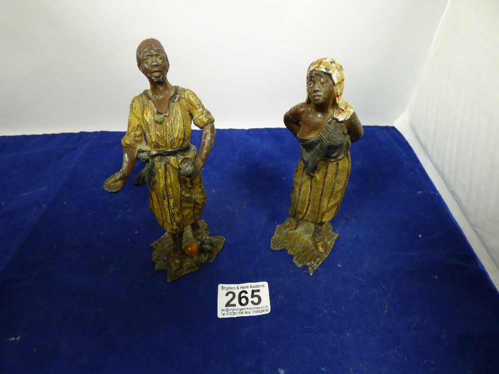 A PAIR OF 19TH CENTURY PAINTED SPELTER FIGURES, 16CM HIGH (ONE AF)