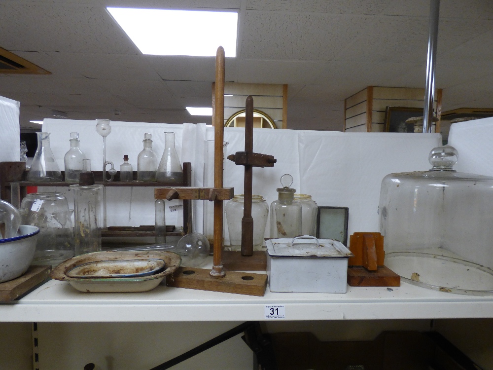 MISCELLANEOUS ITEMS INCLUDING GLASS CHEMISTRY BOTTLES, LARGE GLASS DOME AND ENAMEL DISHES