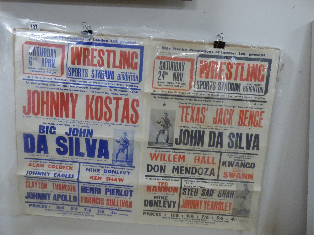 TWO BRIGHTON VINTAGE WRESTLING POSTERS 1950S/1960S 77CM BY 51CM