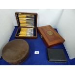 A SET OF SILVER PLATE CUTLERY IN MAHOGANY BOX, TWO PACKS OF PLAYING CARDS IN FITTED BOX, A LEATHER
