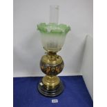 A VICTORIAN HINKS NO.2 DUPLEX BRASS OIL LAMP WITH CERAMIC MIDDLE AND GLASS SHADE AND FUNNEL, 56CM