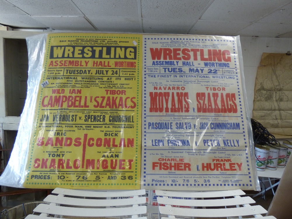TWO LOCAL BRIGHTON / WORTHING VINTAGE WRESTLING POSTERS 1950s/1960s, 75CM BY 50CM