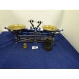 AN SET OF H CO 3KG SCALES, BLUE AND GOLD IN COLOUR, WITH ASSORTED SCALE WEIGHT, 43CM WIDE