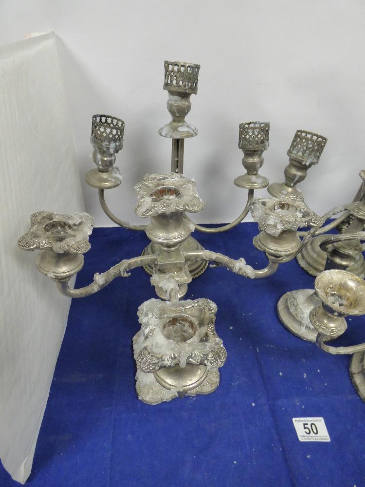 SIX SILVER PLATED CANDLESTICKS AND CANDELABRA, HIGHEST 34CM HIGH - Image 3 of 3