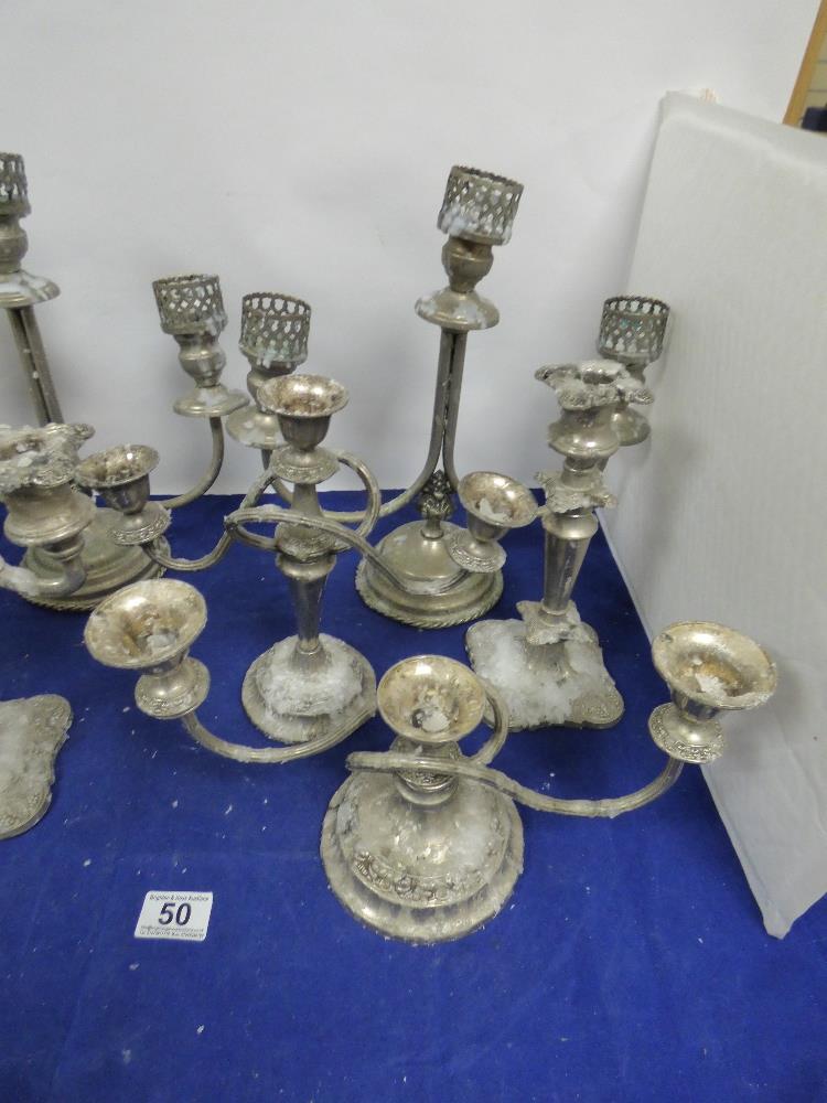 SIX SILVER PLATED CANDLESTICKS AND CANDELABRA, HIGHEST 34CM HIGH - Image 2 of 3