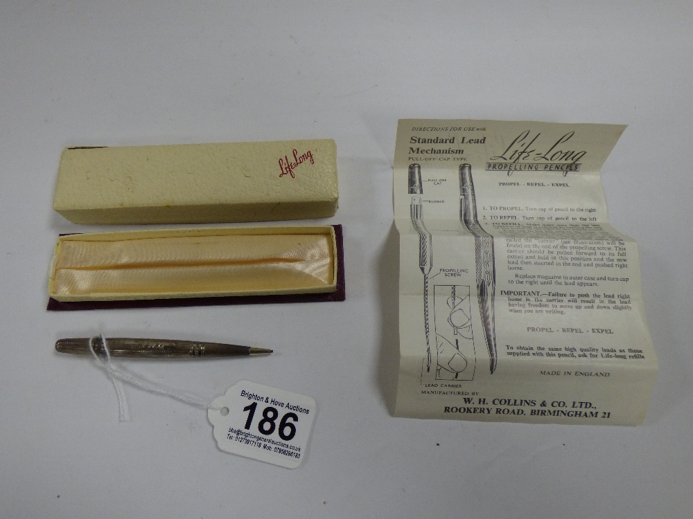 A STERLING SILVER LIFE LONG PROPELLING PENCIL IN ORIGINAL FITTED BOX WITH INSTRUCTIONS