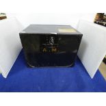 A BLACK PAINTED METAL STRONGBOX WITH TWIN HANDLES BY BALD & MILLAR OF GLASGOW, THE FRONT OPENING