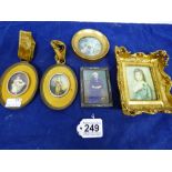 GROUP OF FIVE PORTRAIT MINIATURES OF VARYING SHAPES AND SIZES, TWO ON VELVET MOUNTS WITH VELVET