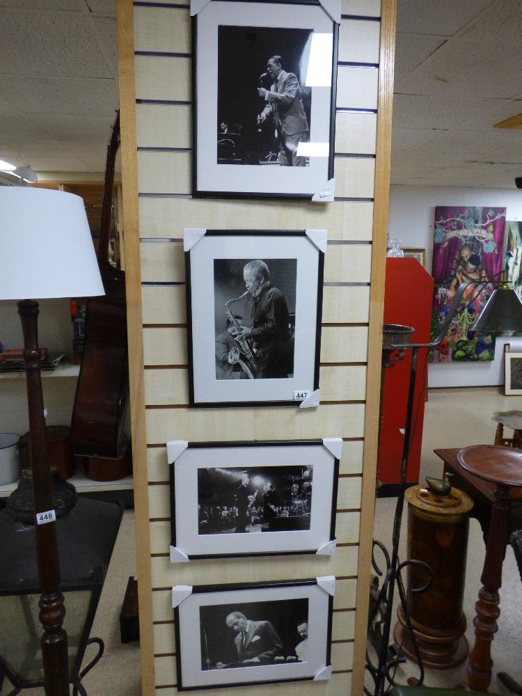 FOUR FRAMED AND GLAZED BLACK AND WHITE PHOTOGRAPHS OF JAZZ MUSICIANS