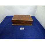 AN UNUSUAL BURR WOOD BOX WITH HINGED LID AND HINGED FRONT, 24CM BY 13.5CM