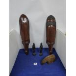 FIVE WOODEN TRIBAL ART CARVINGS, COMPRISING THREE FIGURES AND TWO WALL HANGINGS, LARGEST 56CM LONG