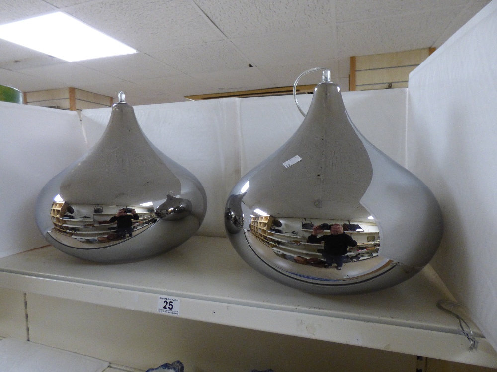 TWO CHROME FINISH GLASS HANGING LIGHTS, 34CM HIGH