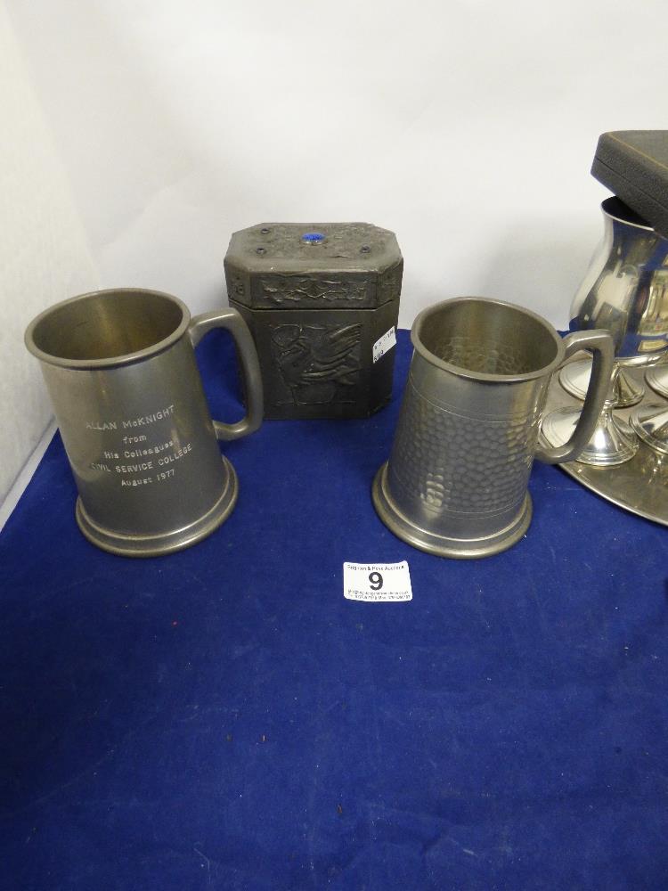 A COLLECTION OF SILVER PLATED ITEMS, INCLUDING SET OF SIX GOBLETS, ART NOUVEAU PEWTER TEA CADDY, TWO - Image 6 of 8