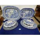 AN ASSORTMENT OF BLUE AND WHITE CERAMICS, INCLUDING TWO LIDDED TUREENS, MEAT PLATES ETC, ONE OF