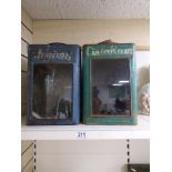 TWO 20TH CENTURY GLASS FRONTED METAL LANTERNS, ONE BEING DARK BLUE, THE OTHER TURQUOISE, 39CM HIGH