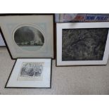 THREE FRAMED AND GLAZED PRINTS, ONE 'THE GIN SHOP' FROM GEORGE CRUIKSHANK'S SCRAPS AND SKETCHES, ONE