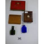 ASSORTED ITEMS INCLUDING SMALL MAHOGANY BOX, A CIGARETTE TIN AND BOX, BLUE GLASS MILK OF MAGNESIA