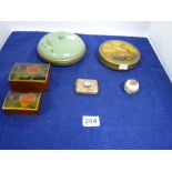 ASSORTED ITEMS, INCLUDING FRENCH METAL TIN OF CIRCULAR FORM, CERAMIC LIDDED PILL POT, MATCH HOLDER