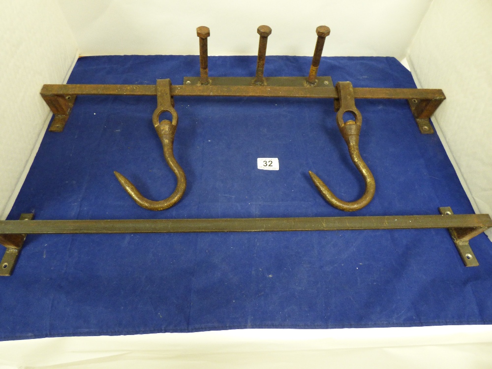 TWO HEAVY BUTCHERS MEAT HOOKS, TWO RAILS AND A THREE HOOK COAT RACK, THE HOOKS BEING LARGE BOLTS - Image 2 of 2