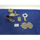 ASSORTED SMALL SILVER PLATED ITEMS, INCLUDING A VESTA CASE, NURSES BELT BUCKLE, BABIES RATTLE, AN
