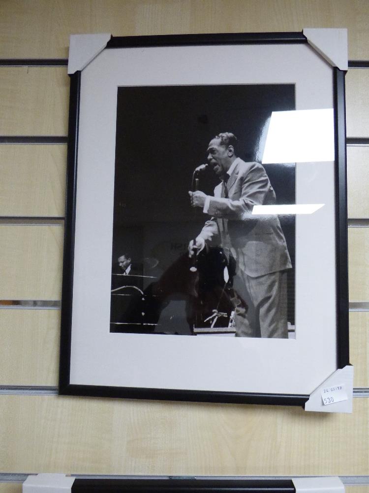 FOUR FRAMED AND GLAZED BLACK AND WHITE PHOTOGRAPHS OF JAZZ MUSICIANS - Image 2 of 5