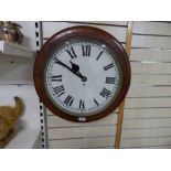 A LARGE VICTORIAN MAHOGANY WALL CLOCK OF CIRCULAR FORM, THE PAINTED DIAL WITH ROMAN NUMERALS