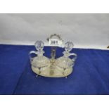 AN ITALIAN 800 GRADE SILVER OIL AND VINEGAR SET, COMPRISING SILVER STAND AND TWO GLASS POURING