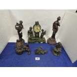 A QUANTITY OF RESIN STATUES INCLUDING GREEK GODDESSES, A CHINESE DRAGON WITH BALL, A CHILD PLAYING