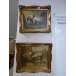 A PAIR OF GILT FRAMED OILS FEATURING HORSES, STABLE LADS AND DOGS, SIGNED A RICHARDS 31CM BY 27CM