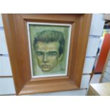 A WOOD FRAMED OIL ON CANVAS OF A MALE PORTRAIT, POSSIBLY JAMES DEAN SIGNED ALABART AND DATED '76